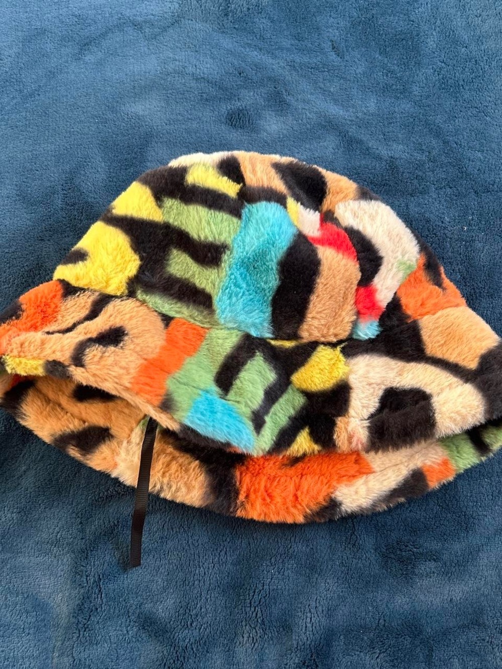 Multicolor Faux Fur Bucket Hat with Bold Pattern